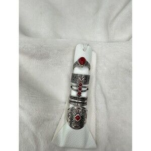 NEW Free People Boho Silver Tone Red Stone Ring Set Womens 6pc Stackable Vintage